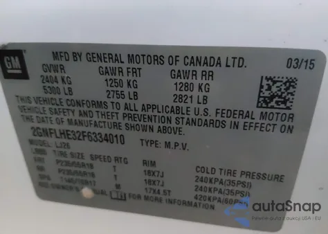 2015 Chevrolet Equinox Ltz from USA, damaged, VIN 2GNFLHE32F6334010